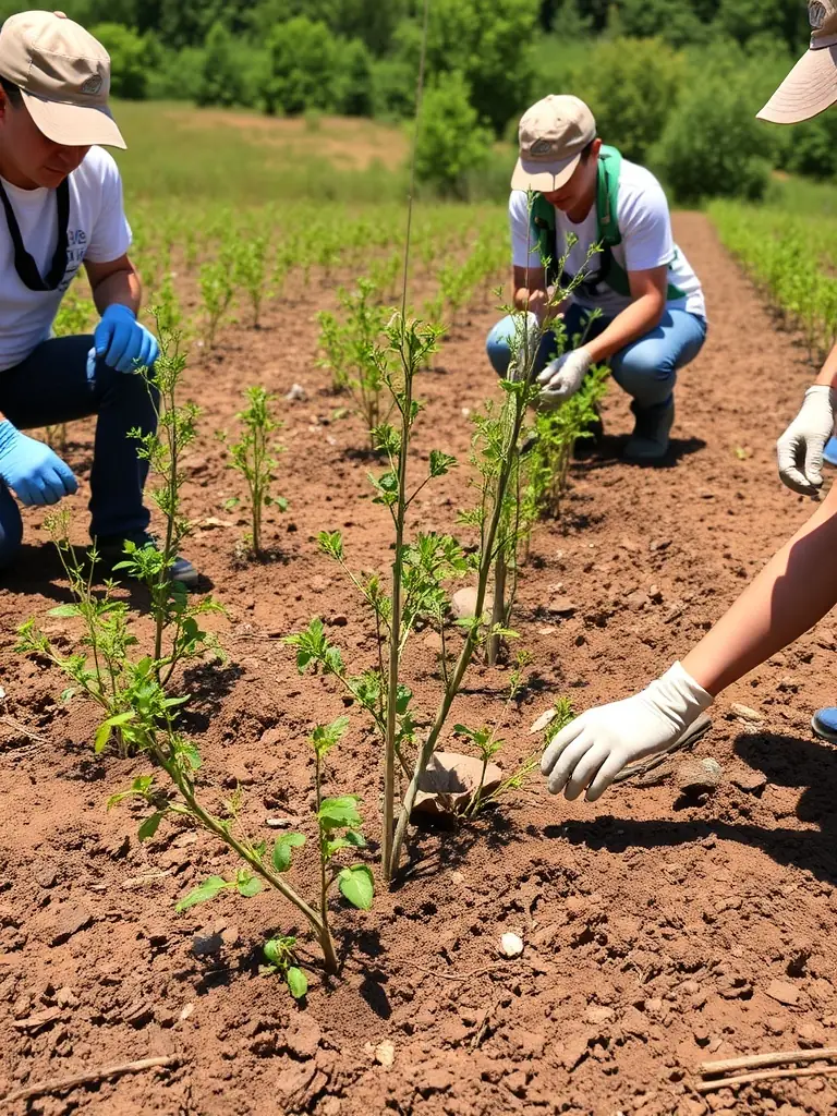 A photograph of volunteers participating in a wildlife habitat restoration project, planting native trees and shrubs to enhance biodiversity.