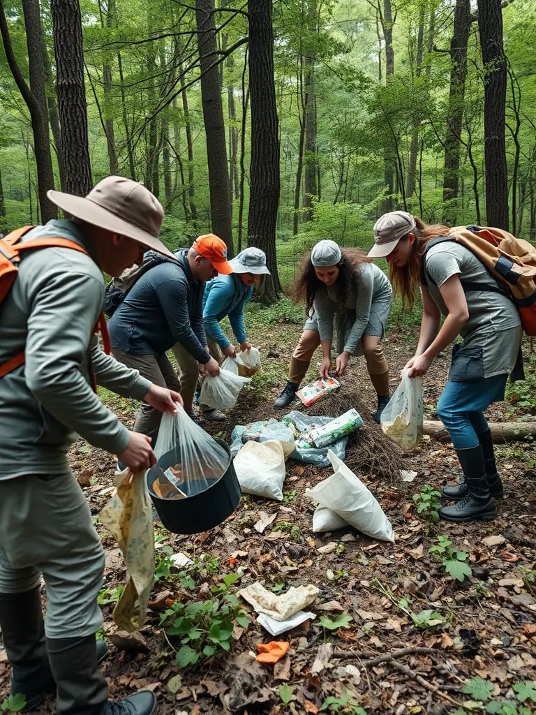 A photograph showcasing SOCIETE DE CHASSE DE L'ELANCEZE members cleaning up a local forest area, removing litter and debris to improve wildlife habitat.