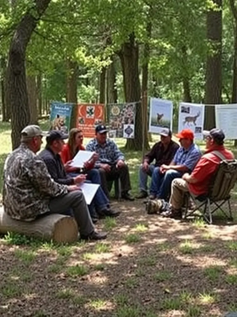 A photograph of a group of hunters from SOCIETE DE CHASSE DE L'ELANCEZE attending a workshop on sustainable hunting practices, led by a wildlife expert.