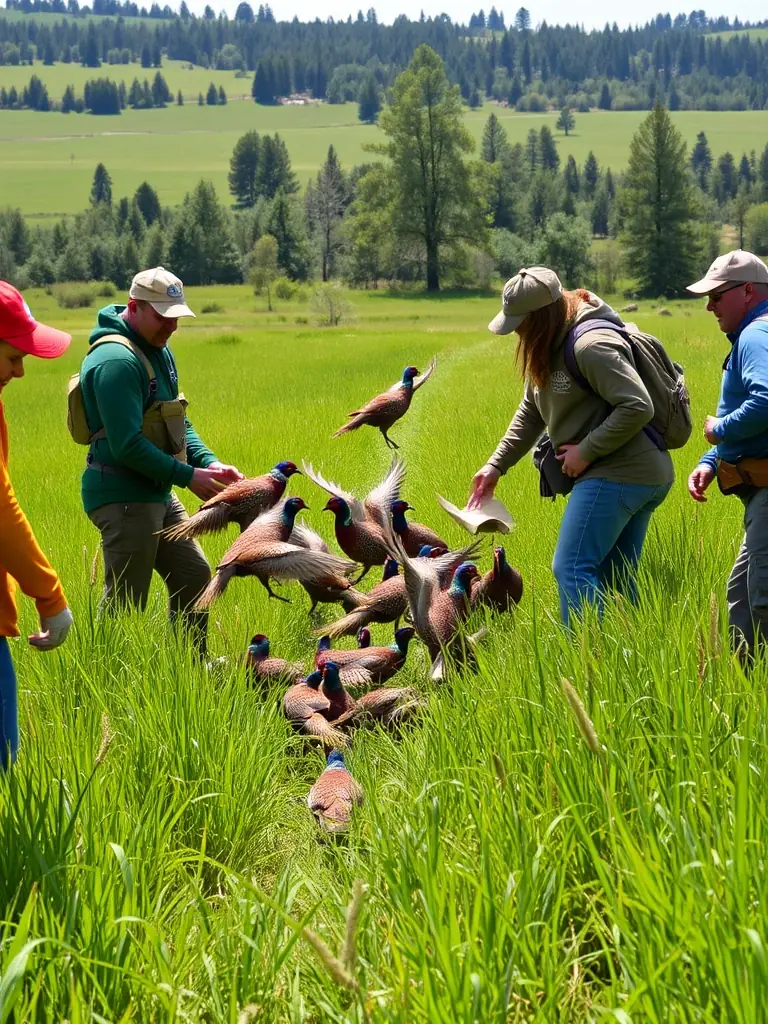 A photograph depicting volunteers from SOCIETE DE CHASSE DE L'ELANCEZE releasing pheasants into a managed hunting area, showcasing their commitment to game population enhancement.