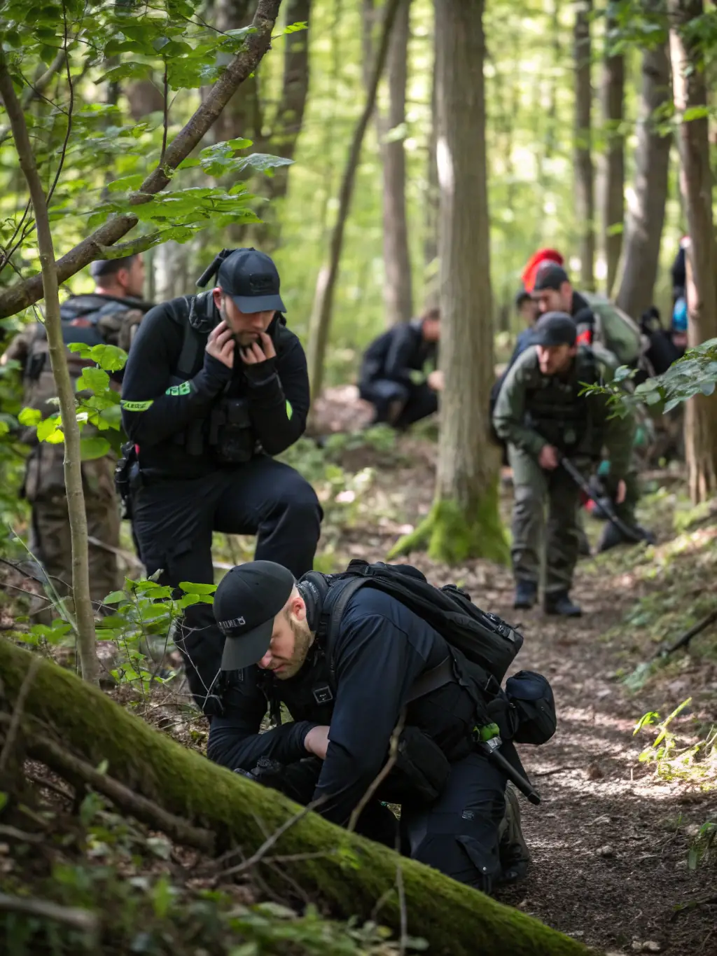 A photograph depicting a group of SOCIETE DE CHASSE DE L'ELANCEZE members participating in a wildlife monitoring activity in a forest setting. The members are using binoculars and notebooks to observe and record wildlife data.