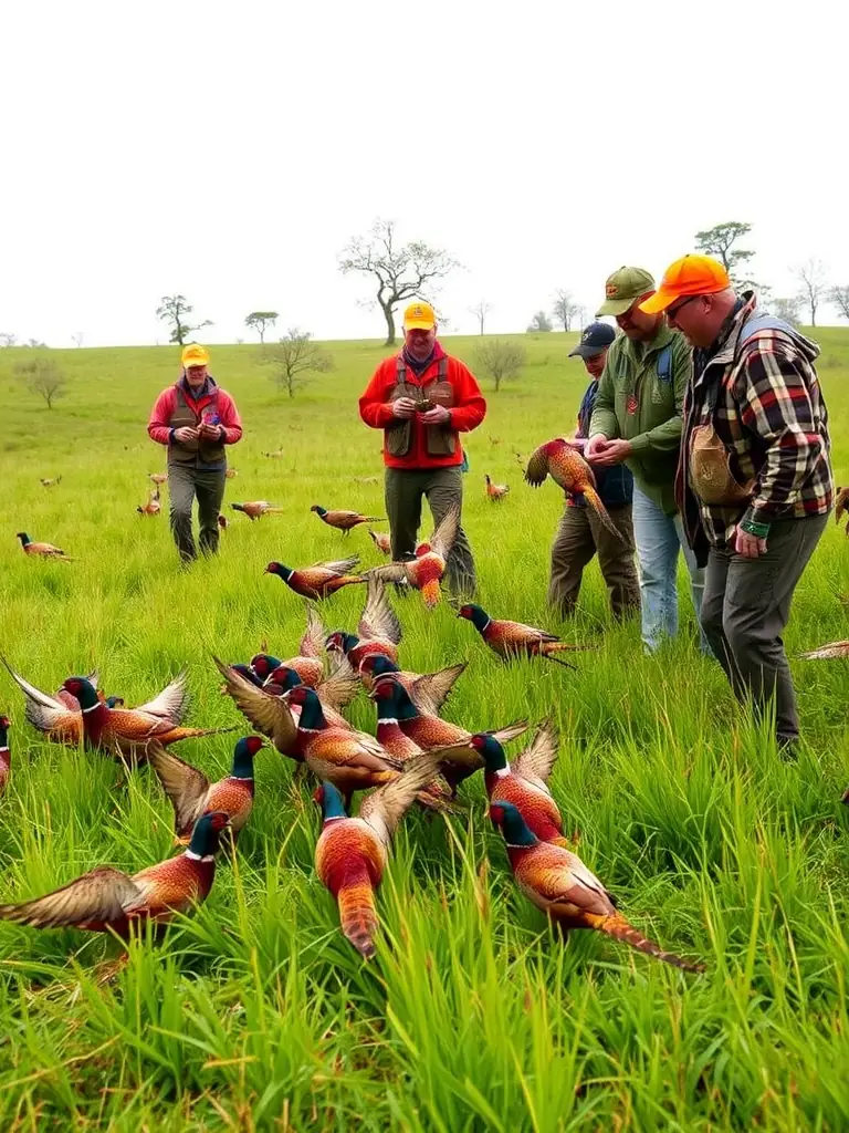 A photograph showing SOCIETE DE CHASSE DE L'ELANCEZE members releasing pheasants into a managed habitat. The habitat includes tall grasses and scattered trees, providing cover for the birds.