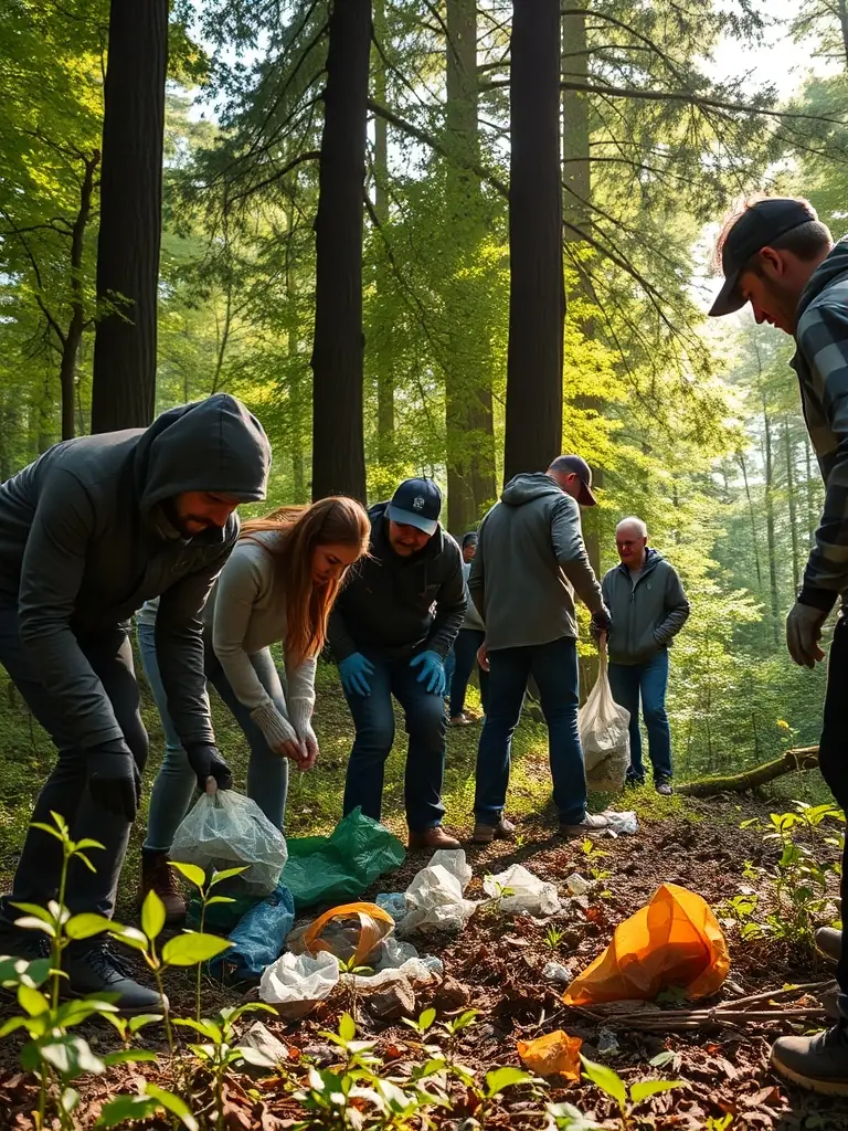 A photograph of SOCIETE DE CHASSE DE L'ELANCEZE members cleaning up a forest area, removing litter and debris. The members are wearing gloves and using trash bags.