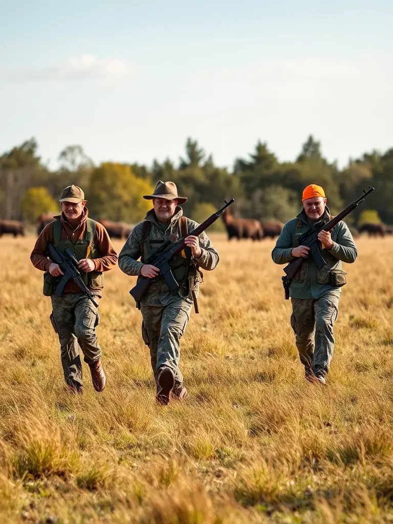 An image of hunters participating in a controlled hunt, demonstrating responsible hunting practices and wildlife management.