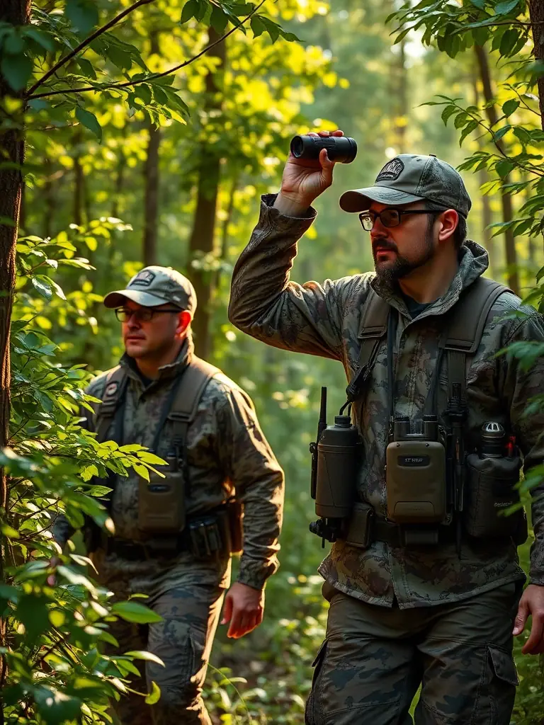 A photograph showing members of SOCIETE DE CHASSE DE L'ELANCEZE participating in a wildlife monitoring activity, using GPS devices and binoculars to track animal movements.