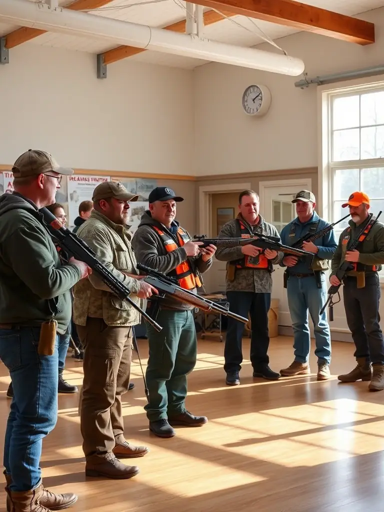 A photograph of SOCIETE DE CHASSE DE L'ELANCEZE members participating in a hunter safety training course. The members are listening attentively to an instructor demonstrating safe firearm handling techniques.